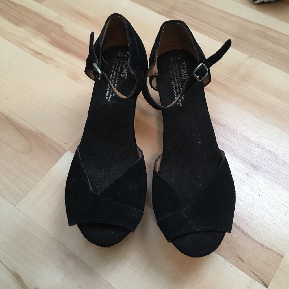 Toms Black Suede Wedge Sandals
